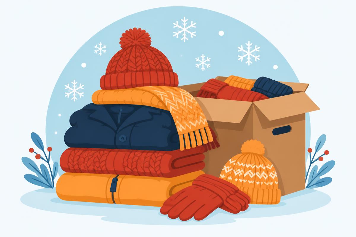 Illustration of folded winter clothing beside a donation box