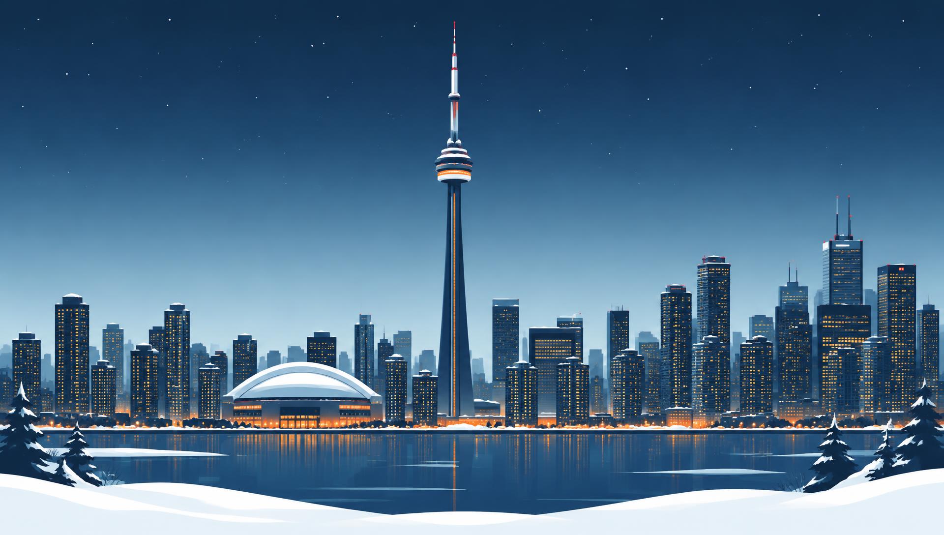 Illustrated Toronto skyline at night with the CN Tower, glowing windows, and snow